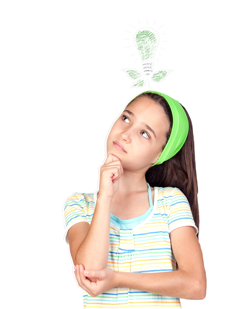 A child thinks with a green light bulb over their head.