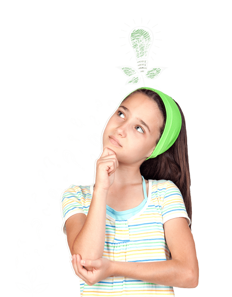 A child thinks with a green light bulb over their head.