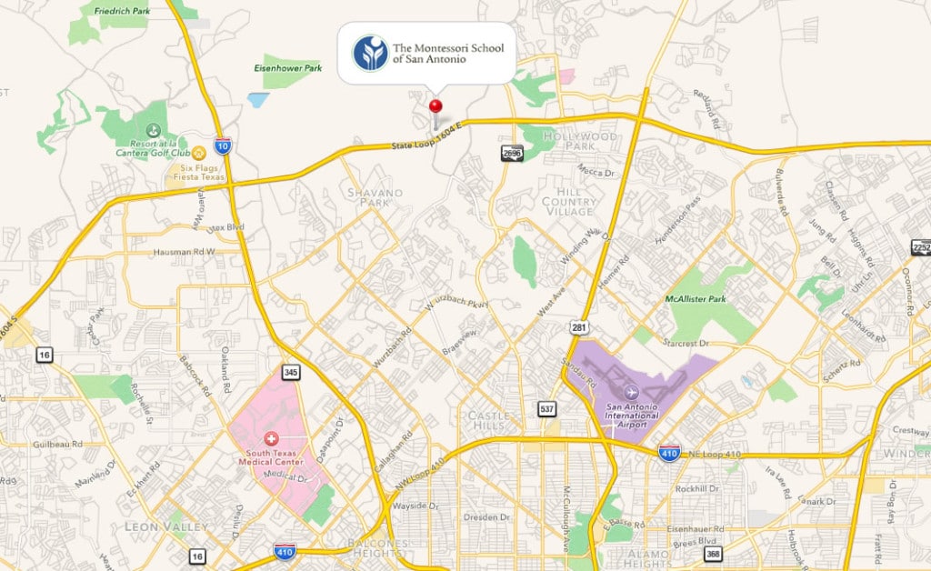 A map showing the location of The Montessori School of San Antonio.